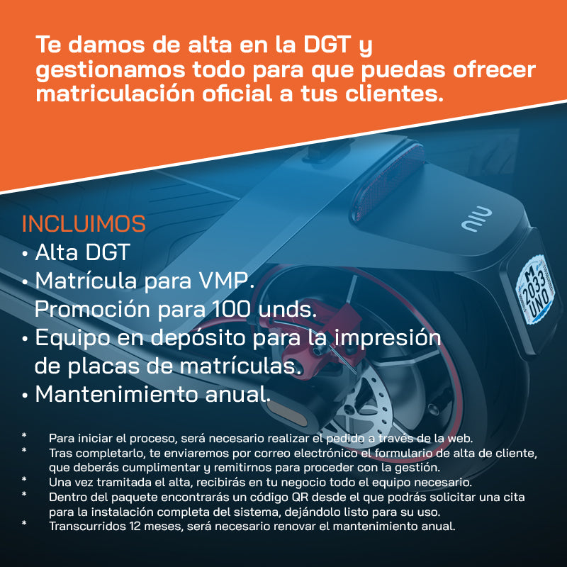 Servicio oficial para matriculación VMP (Instalación de impresora + Alta DGT + 100 matrículas)